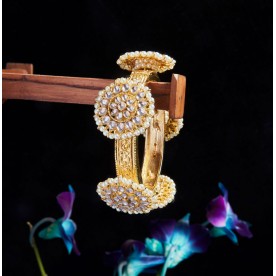 Gold Tone Kada with Paachi Kundan flower motifs & pearls