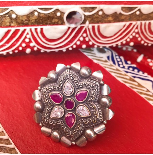 Tribal 92.5 Silver Plated Pink Floral Ring