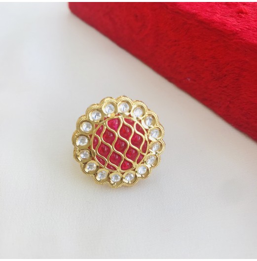 Floral Red Kundan Ring