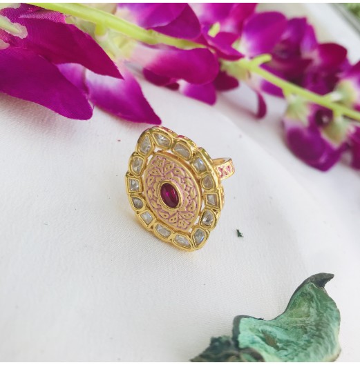 Gold Plated Pink Meena Kundan Adjustable Ring