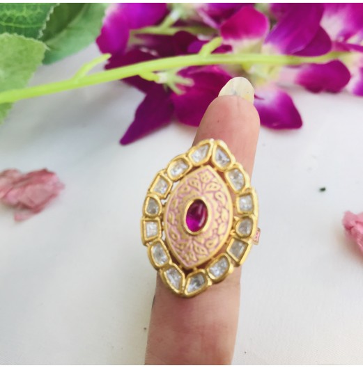 Gold Plated Pink Meena Kundan Adjustable Ring