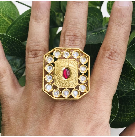 Gold Plated Meena Kundan Ring
