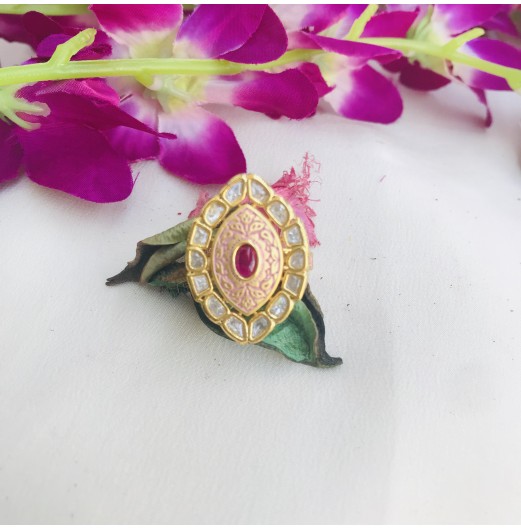 Gold Plated Pink Meena Kundan Adjustable Ring