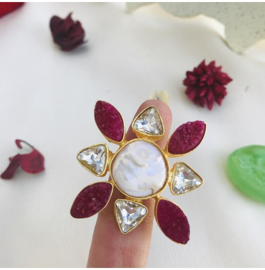 Geometric Floral Gold Plated Barouque Stone Ring